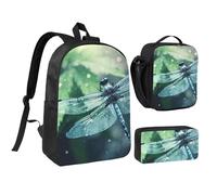 DUWAA Art Blue Dragonfly1 Sac à dos 3 pièces comprenant un grand sac à livres de 43,2 cm avec sac à déjeuner et trousse pratique, noir, One Size