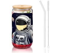 DUWAA Astronaut On The Moon 1 verre à boire avec couvercles en bambou et paille en verre - 473,6 ml - Verres à bière en forme de canette