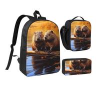 DUWAA Beaver Working3 Print Sac à dos 3 pièces comprenant un grand sac à livres de 43,2 cm avec sac à déjeuner et trousse pratique, Noir/blanc, One Size