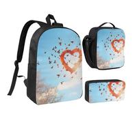 DUWAA Bird Love Heart Art Print Sac à dos 3 pièces comprenant un grand sac à livres de 43,2 cm avec sac à déjeuner et sac à stylos pratique, noir, taille unique, Noir/blanc, taille unique