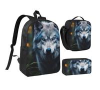 DUWAA Blue Eyes Wolf1 Sac à dos 3 pièces comprenant un grand sac à livres de 43,2 cm avec sac à déjeuner et trousse pratique, noir, One Size