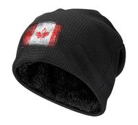 DUWAA Bonnet rétro en tricot gaufré imprimé drapeau du Canada, bonnet chaud doublé en polaire douce et thermique, Noir , Taille unique