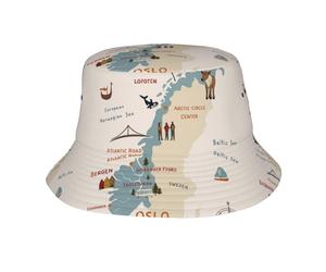 DUWAA Chapeau bob avec imprimé carte de la Norvège avec diverses icônes pour homme et femme, chapeau d'été, chapeau de soleil, chapeau de soleil léger, noir