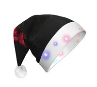 DUWAA Chapeau de Noël lumineux avec imprimé rose rouge et feuilles noires, bonnet de Père Noël lumineux avec bande lumineuse LED colorée pour adultes