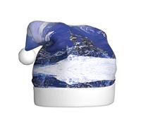DUWAA Chapeaux de Noël bleus et blancs avec vue sur la montagne pour adulte, chapeau de Père Noël unisexe, chapeau de Noël confortable pour fête du Nouvel An