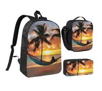 DUWAA Coconut Beach Sunset Sac à dos imprimé hamac 3 pièces comprenant un grand sac à livres de 43,2 cm avec sac à déjeuner et sac à stylos pratique, noir, taille unique, Noir/blanc, taille unique