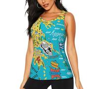 DUWAA Débardeur d'entraînement pour femme, motif carte de la Grèce avec imprimé mer Égée, décontracté, athlétique, course à pied, yoga, hauts sans manches à séchage rapide, Noir , XXL