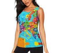 DUWAA Débardeur d'entraînement pour femme, motif carte de l'Europe colorée avec imprimé icône, décontracté, athlétique, course à pied, yoga, hauts sans manches à séchage rapide, Noir , S