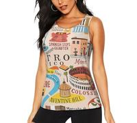 DUWAA Débardeur d'entraînement pour femme, motif carte de Rome avec monuments Illus imprimés, décontracté, athlétique, course à pied, yoga, hauts sans manches à séchage rapide, Noir , XXL