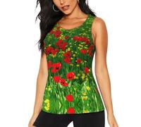 DUWAA Débardeur d'entraînement sans manches avec imprimé paysage de ferme et de coquelicot rouge pour femme, coupe sèche, course à pied, t-shirt de yoga, Noir , XL