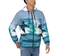 DUWAA Dolphins In The Sea 1 Print Sweat à capuche zippé pour homme décontracté avec cordon de serrage et fermeture éclair avec poches, Noir , M