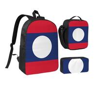 DUWAA Ensemble 3 en 1 avec sac à dos imprimé drapeau du Laos, sac à bandoulière, sac à déjeuner, pochette à stylos, 43,2 cm pour homme et femme, université, noir, One Size