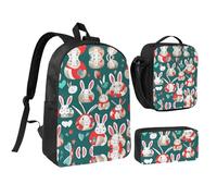 DUWAA Ensemble 3 en 1 avec sac à dos imprimé lapins et sac à bandoulière, sac à déjeuner, pochette à stylos, 43,2 cm pour homme et femme, noir, One Size