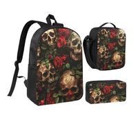 DUWAA Ensemble 3 en 1 avec sac à dos imprimé tête de mort et rose rouge, sac à bandoulière, sac à déjeuner, pochette à stylos, 43,2 cm pour homme et femme, noir, One Size