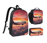 DUWAA Ensemble 3 en 1 avec sac à dos, sac à bandoulière, sac à déjeuner, pochette à stylo, motif avion, coucher de soleil, ciel imprimé, 43,2 cm, pour homme et femme, université, noir, One Size