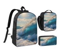 DUWAA Ensemble 3 en 1 de 43,2 cm pour homme et femme Motif vague de mer océan Sac à dos décontracté Sac à déjeuner Pochette stylo, noir, One Size