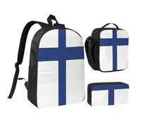 DUWAA Ensemble de 3 sacs à dos avec imprimé drapeau finlandais comprenant un grand sac à livres de 43,2 cm avec sac à déjeuner et sac à stylos pratique, Noir/blanc, One Size