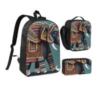DUWAA Ensemble de 3 sacs à dos avec imprimé éléphant aztèque comprenant un grand sac à livres de 43,2 cm avec sac à déjeuner et sac à stylos pratique, noir, taille unique, Noir/blanc, taille unique