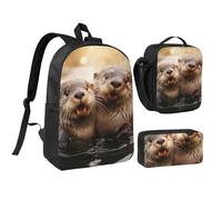 DUWAA Ensemble de 3 sacs à dos avec imprimé loutre mignon comprenant un grand sac à livres de 43,2 cm avec sac à déjeuner et un sac à stylos pratique, Noir/blanc, One Size