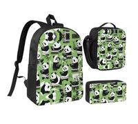 DUWAA Ensemble de 3 sacs à dos avec imprimé panda en bambou, grand sac à livres de 43,2 cm, sac à déjeuner et trousse pratique, noir, One Size