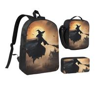 DUWAA Ensemble de 3 sacs à dos avec imprimé sorcière volante Halloween comprenant un grand sac à livres de 43,2 cm avec sac à déjeuner et sac à stylos pratique, Noir/blanc, One Size