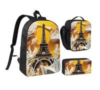DUWAA Ensemble de 3 sacs à dos avec imprimé Tour Eiffel de Paris comprenant un grand sac à livres de 43,2 cm, un sac à déjeuner et un sac à stylos pratique, noir, One Size