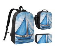 DUWAA Ensemble de 3 sacs à dos avec imprimé voilier bleu, grand sac à livres de 43,2 cm, sac à déjeuner et sac à stylos pratique, noir, taille unique, Noir/blanc, taille unique