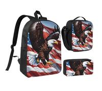 DUWAA Ensemble de 3 sacs à dos avec motif aigle avec drapeau américain Grand sac à livres de 43,2 cm avec sac à déjeuner et trousse pratique, noir, One Size