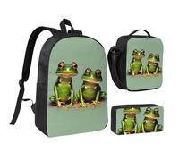 DUWAA Ensemble de 3 sacs à dos avec motif grenouilles vertes amusantes comprenant un grand sac à livres de 43,2 cm avec sac à déjeuner et trousse pratique, Noir/blanc, One Size