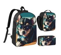 DUWAA Ensemble de 3 sacs à dos avec motif lunettes de chien Chihuahua - Grand sac à livres de 43,2 cm avec sac à déjeuner et sac à stylos pratique, noir, One Size