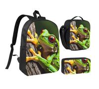 DUWAA Ensemble de 3 sacs à dos imprimé grenouille arborescente comprenant un grand sac à livres de 43,2 cm avec sac à déjeuner et sac à stylos pratique, noir, taille unique, Noir/blanc, taille unique