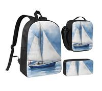 DUWAA Ensemble de 3 sacs à dos motif voilier bleu avec grand sac à livres de 43,2 cm, sac à déjeuner et trousse pratique, Noir/blanc, One Size