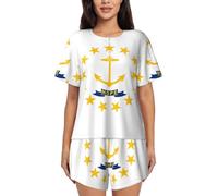 DUWAA Ensemble de pyjama à manches courtes avec imprimé drapeau de l'État du Rhode Island, haut et pantalon, imprimé floral avec poches, Noir/blanc, 3XL