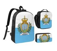 DUWAA Ensemble sac à dos 3 en 1 avec motif drapeau de Saint-Marin, sac à bandoulière, sac à déjeuner, pochette à stylos, 43,2 cm pour homme et femme, université, noir, One Size