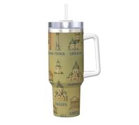 DUWAA European Landmarks - Gobelet étanche avec paille et poignée - 1200 ml - Compatible avec porte-gobelet