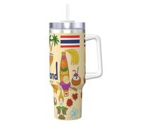 DUWAA Gobelet de 1200 ml avec paille à rabat et imprimé de symboles culturels de la Thaïlande, gobelet étanche avec poignée