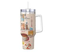 DUWAA Gobelet de 1200 ml avec paille avec rabat et poignée - Imprimé Rome Map with Landmarks Illus - Gobelet étanche avec poignée