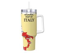 DUWAA Gobelet de 1200 ml avec paille et rabat imprimé en couleur - Gobelet étanche avec poignée - Motif carte régionale de l'Italie