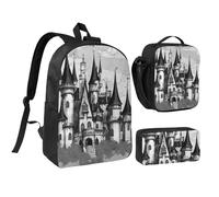 DUWAA Gothic Fairy Tale Castle04 Lot de 3 sacs à dos avec sac à dos 43,2 cm avec sac à déjeuner et trousse pratique Noir Taille unique, Noir/blanc, taille unique