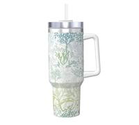 DUWAA Grand gobelet avec poignée pour un usage quotidien - Motif algues vertes - Bleu marine - Bouteille de café de voyage chaud/froid