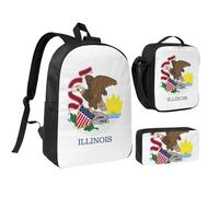 DUWAA Illinois State Flag Print Sac à dos 3 pièces comprenant un grand sac à livres de 43,2 cm avec sac à déjeuner et sac à stylos pratique, noir, taille unique, Noir/blanc, taille unique