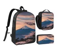 DUWAA Japan Mount Fuji Sac à dos 3 pièces avec grand sac à dos de 43,2 cm avec sac à déjeuner et sac à stylos pratique, noir, taille unique, Noir/blanc, taille unique