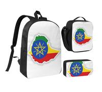 DUWAA Lot de 3 sacs à dos avec imprimé carte du drapeau de l'Éthiopie comprenant un grand sac à livres de 43,2 cm avec sac à déjeuner et sac à stylos pratique, noir, taille unique, Noir/blanc, taille