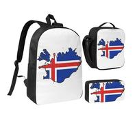 DUWAA Lot de 3 sacs à dos avec imprimé carte du drapeau de l'Islande comprenant un grand sac à livres de 43,2 cm avec sac à déjeuner et sac à stylos pratique, noir, taille unique, Noir/blanc, taille