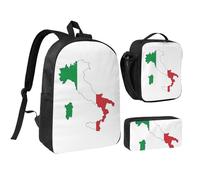 DUWAA Lot de 3 sacs à dos avec imprimé carte du drapeau italien - Grand sac à livres de 43,2 cm avec sac à déjeuner et sac à stylos pratique, noir, taille unique, Noir/blanc, taille unique