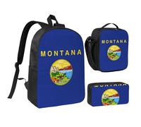DUWAA Lot de 3 sacs à dos avec imprimé drapeau de l'État du Montana - Grand sac à livres de 43,2 cm avec sac à déjeuner et sac à stylos pratique, noir, taille unique, Noir/blanc, taille unique