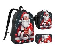 DUWAA Lot de 3 sacs à dos avec imprimé Père Noël comprenant un grand sac à livres de 43,2 cm avec sac à déjeuner et sac à stylos pratique, noir, taille unique, Noir/blanc, taille unique