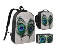 DUWAA Lot de 3 sacs à dos avec imprimé plumes de paon - Grand sac à livres de 43,2 cm avec sac à déjeuner et trousse pratique, noir, One Size