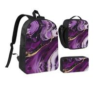 DUWAA Lot de 3 sacs à dos avec motif marbré violet foncé et 1 sac à dos 43,2 cm avec sac à déjeuner et trousse pratique, Noir/blanc, One Size