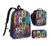 DUWAA Lot de 3 sacs à dos colorés avec imprimé guitare acoustique et sac à stylo pratique, noir, taille unique 43,2 cm, Noir/blanc, taille unique